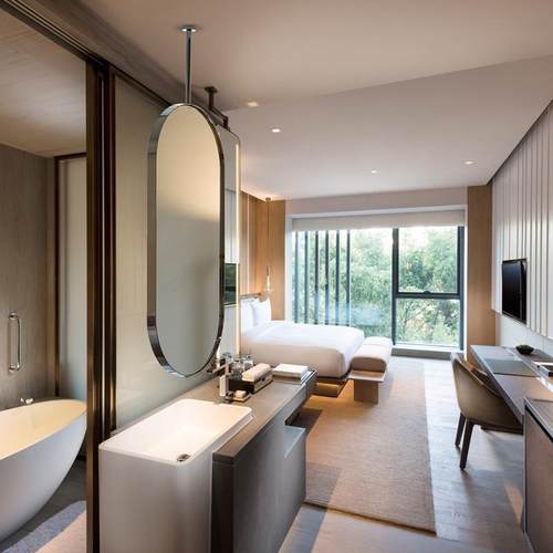 天花板悬空吊镜椭圆浴室镜子悬挂镜子酒店民宿吊杆镜子艺术双面镜