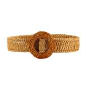 跨境休闲度假风女士外搭装 饰木脂圆扣编织黄色pp草腰带