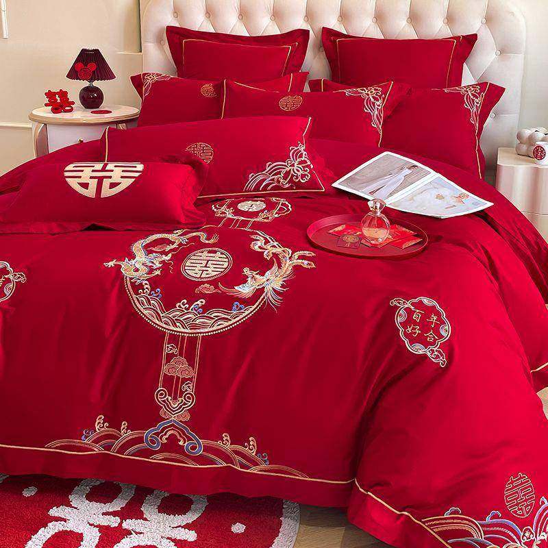 高档中式全棉龙凤刺绣大红色婚庆四件套新婚陪嫁纯棉被套床上用品