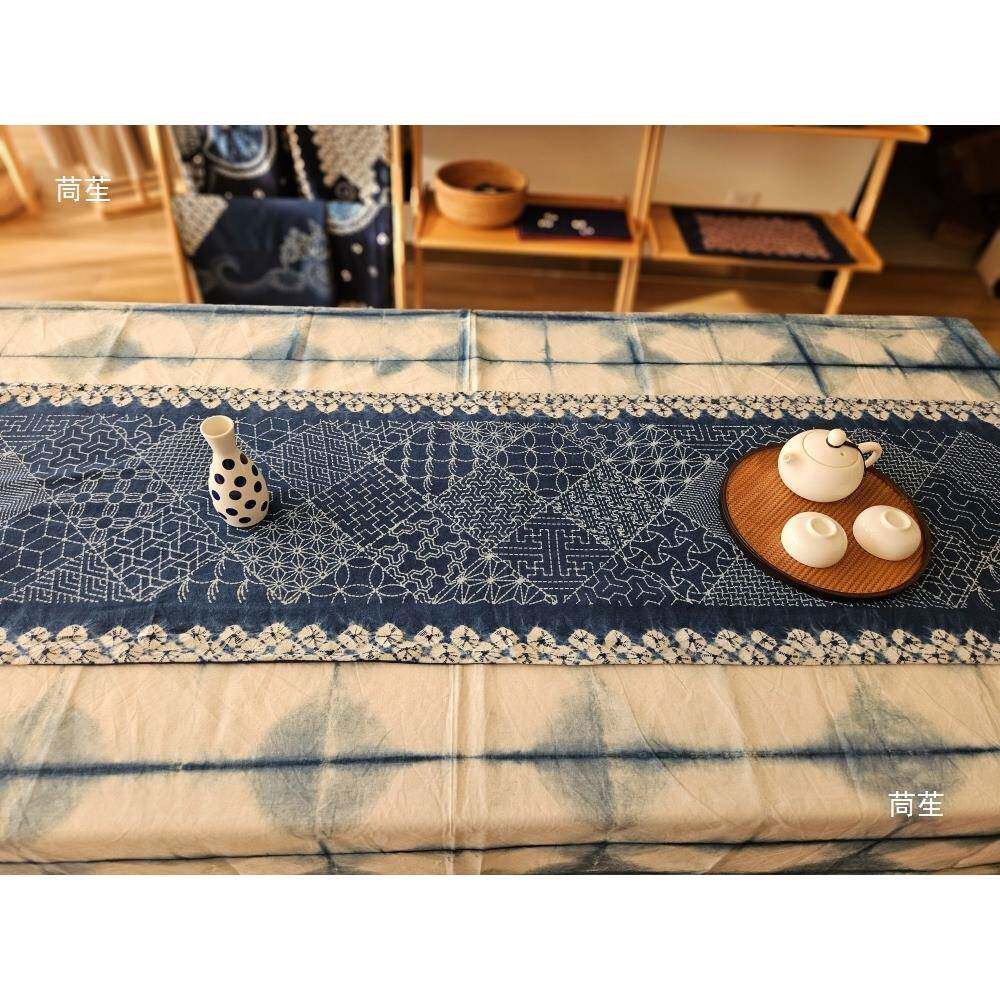 手工扎染双层桌旗立体图案手绘瓷珠带流苏桌席居家布艺装饰