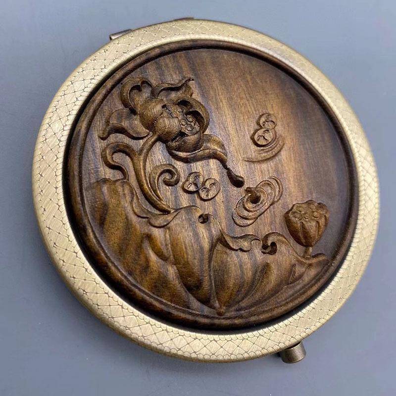 复古木雕花便小携圆镜折叠中式镜子双面化妆女梳随身镜镜迷你-妆