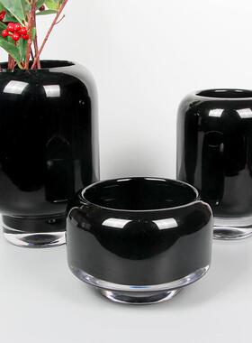 极简黑色透明玻璃花瓶售楼处样板房软装摆设餐桌客厅插花器