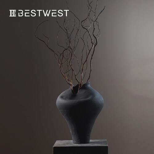 Best west 侘寂风黑色不规则陶瓷花瓶 新中式家居客厅样板房软装