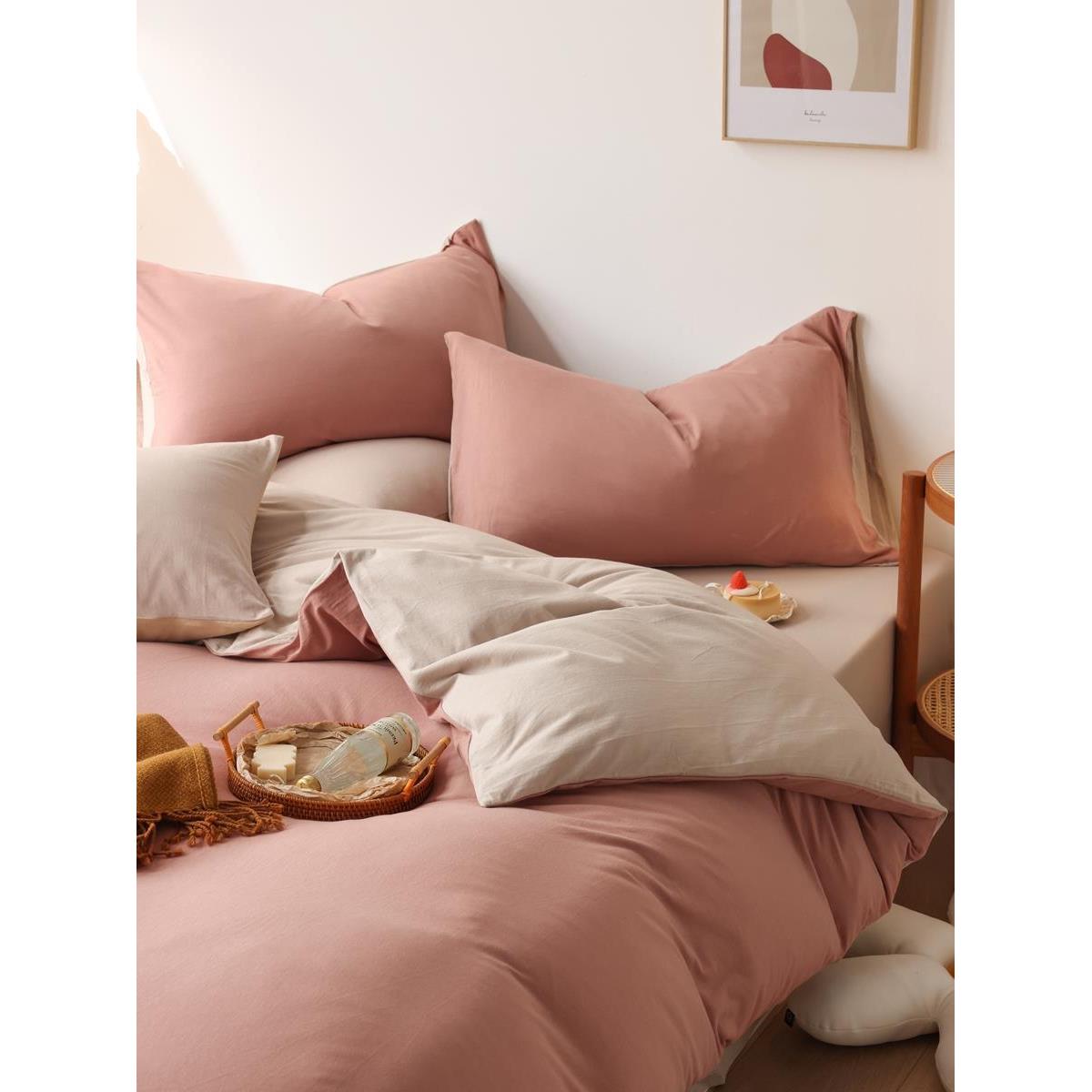 裸件睡全棉针织棉竺日棉床上四PRQ套式纯色纯棉被套床单天床笠床