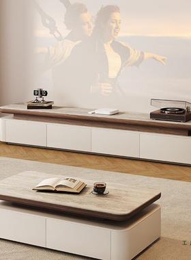 中古风实岩板茶几木厅家用奶油风极DID简石洞茶几电视柜组客合小