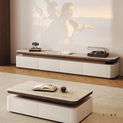 中古风实岩板茶几木厅家用奶油风极DID简石洞茶几电视柜组客合小