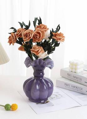 中古风复古手工紫色芬顿花瓶彩色法式南瓜花瓶客厅插花装饰花器