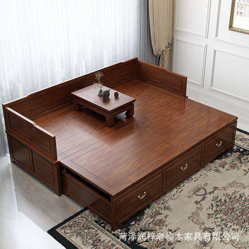 罗汉床新中式推拉床实木沙发小户型老榆木茶桌炕几美人贵妃榻组合