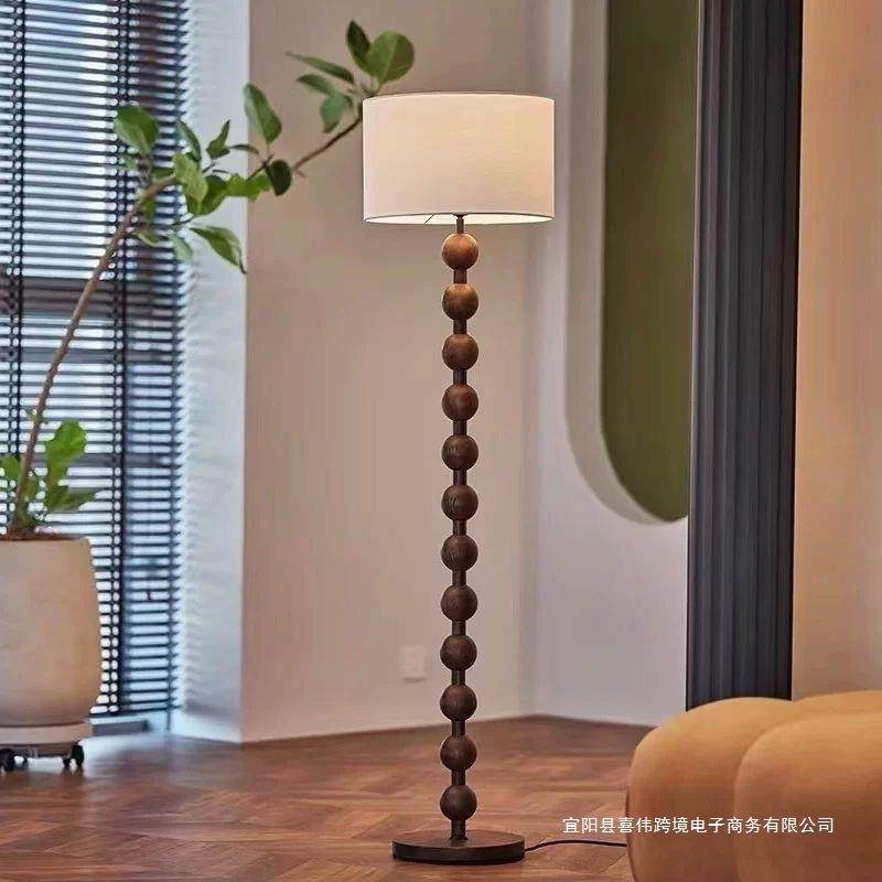 美式复古风落地灯胡桃木色布艺沙发灯中古风实木氛围感立式灯