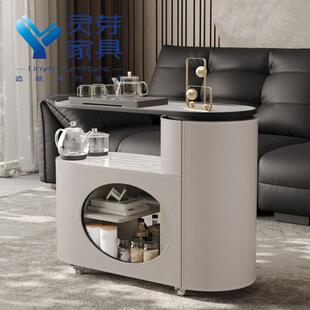 移动现代实木马鞍皮茶台茶几可伸缩推拉茶边几烧水壶茶水柜一体