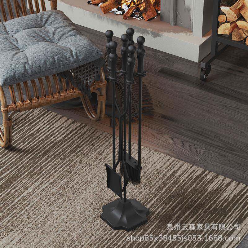 供货黑色落地壁炉工具架柴火架四件套储物扫把铲子套装