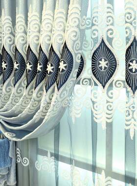 帘现货客厅卧光室地落窗成品欧式轻奢卧室GSY客厅绣花遮窗蓝色