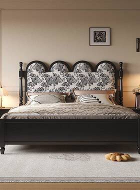 法式复古漪花波浪印提花软包床涟床美式床卧室大VTC床中古风实木