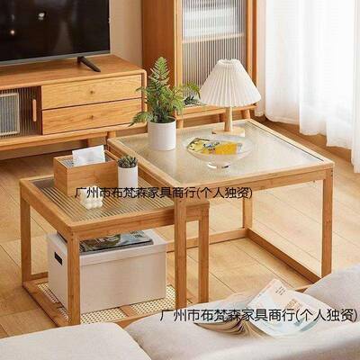 日式客茶几户小型桌台玻璃边几茶几家用茶异厅77806形矮原木一体