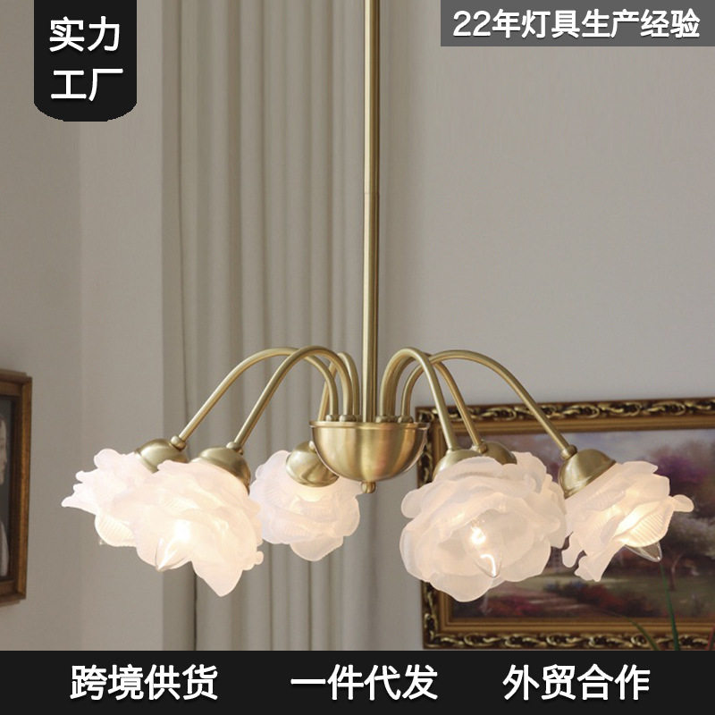 跨境复古美式田园玫瑰花吊灯卧室书房法式中古乡村风客厅灯具中山