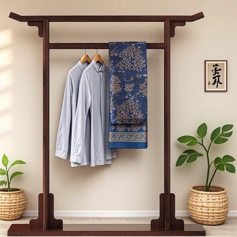 木新中式衣帽架落双杆实简易秀服地装禾店展示架茶楼984卧室挂衣