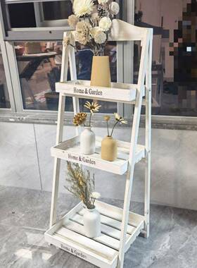 美花式乡村复古实木多层折叠小阳台落地梯架形肉植物置XVT物架木