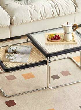 创意子XDK母茶几钢化璃玻实边框藤厅编桌板不木锈钢骨架客可移动