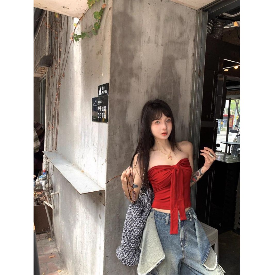 高街时尚酒红色裹胸绑带蝴蝶结小背心性感收腰出片洋气绝美上衣女