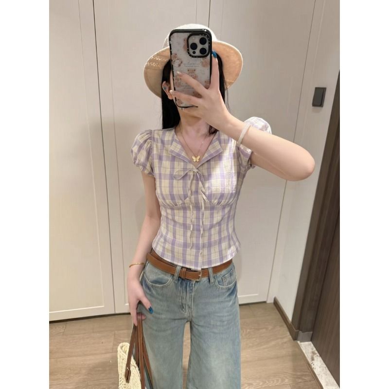 MR原版色织格有内里减龄紫色格子系带泡泡袖衬衫女夏季上衣