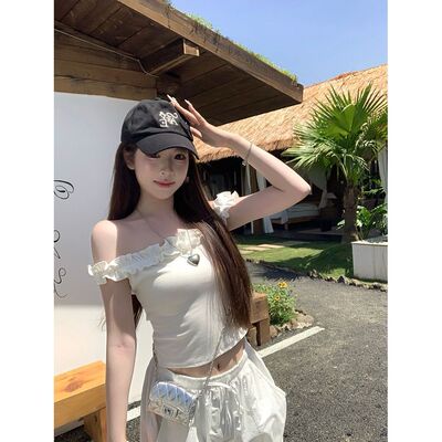 kumikumi木耳边一字肩显瘦短袖女