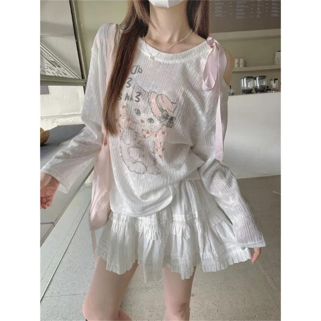 汇兴达原版面料猫咪印花长袖防晒T恤女露肩系带蝴蝶结上衣服