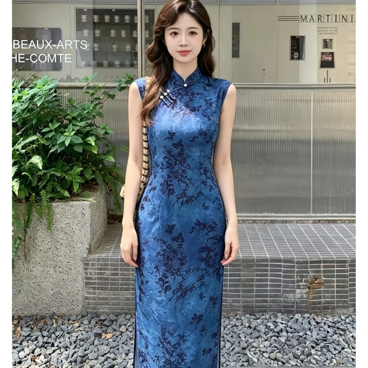 新中式植绒旗袍连衣裙女夏改良立领短袖修身显瘦改良长款日常可穿
