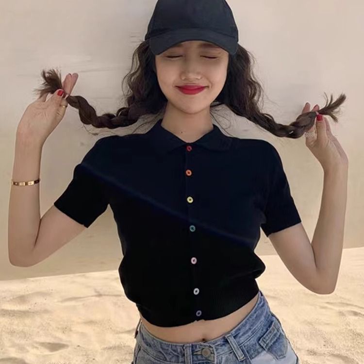 polo领正肩短袖t恤女夏季小众黑色针织开衫纽扣修身短款辣妹上衣