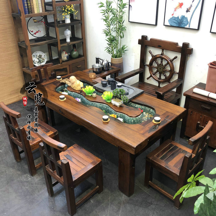 老船木景观茶桌内循环流水养鱼茶台功夫泡茶台喝茶桌茶艺桌椅组合
