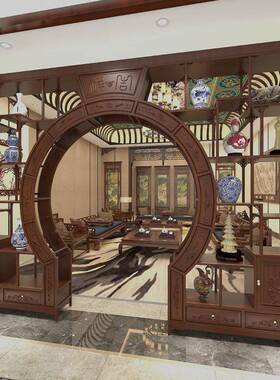 仿新式实FCF木客厅月洞门博古架拱门中月隔断亮门镂空古弧形圆门