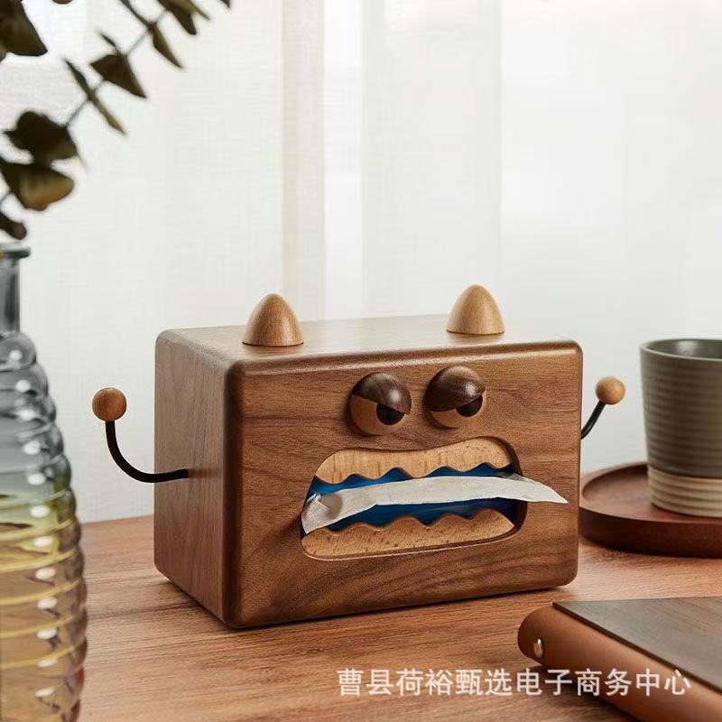 胡桃木纸巾盒小怪兽木制客厅餐桌纸巾盒收纳家用卡通侧抽式抽纸盒