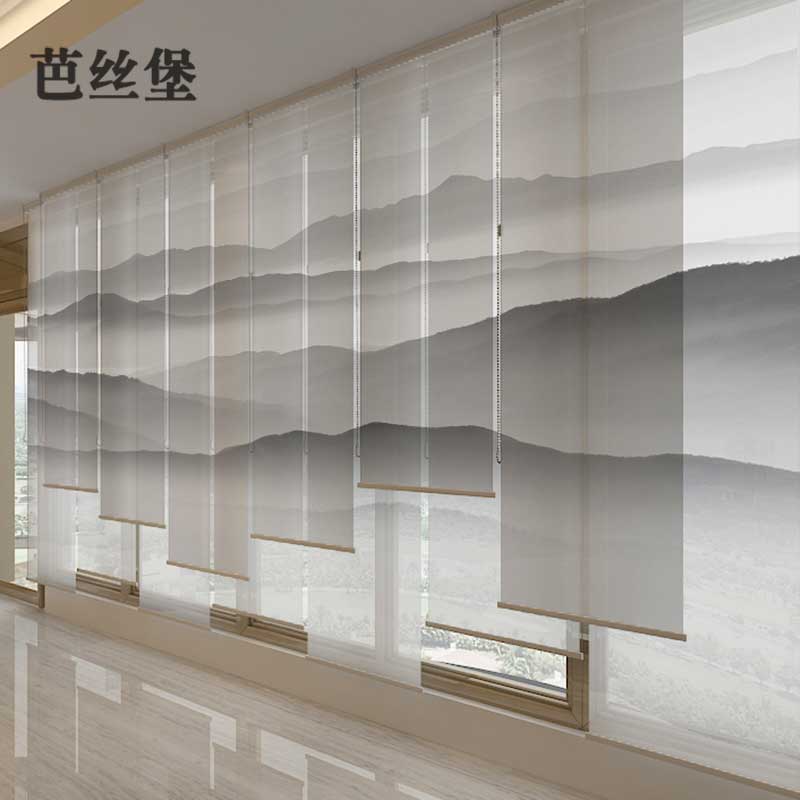A10L卷帘窗帘升降半透明新中式软隔断悬挂屏风山水客厅酒店办公室