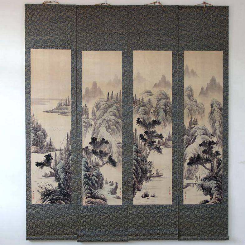 杂件中画四条屏字堂国画山水画唐唐伯虎樵人晚归画挂画YX-10-08寅