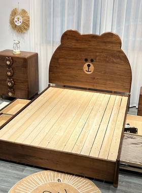 黑胡桃木轻1奢卡通全实木童储物孩床.cj-221122卧室男孩女小儿床1