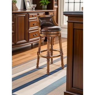 美式 实木吧椅圆复古吧吧凳欧高脚凳靠台背酒旋转 吧7120AB椅家用式