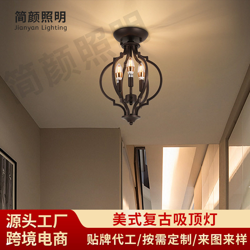 亚马逊美式吸顶灯玄关入户灯铁艺吊顶灯酒店走廊创意吸顶灯跨境