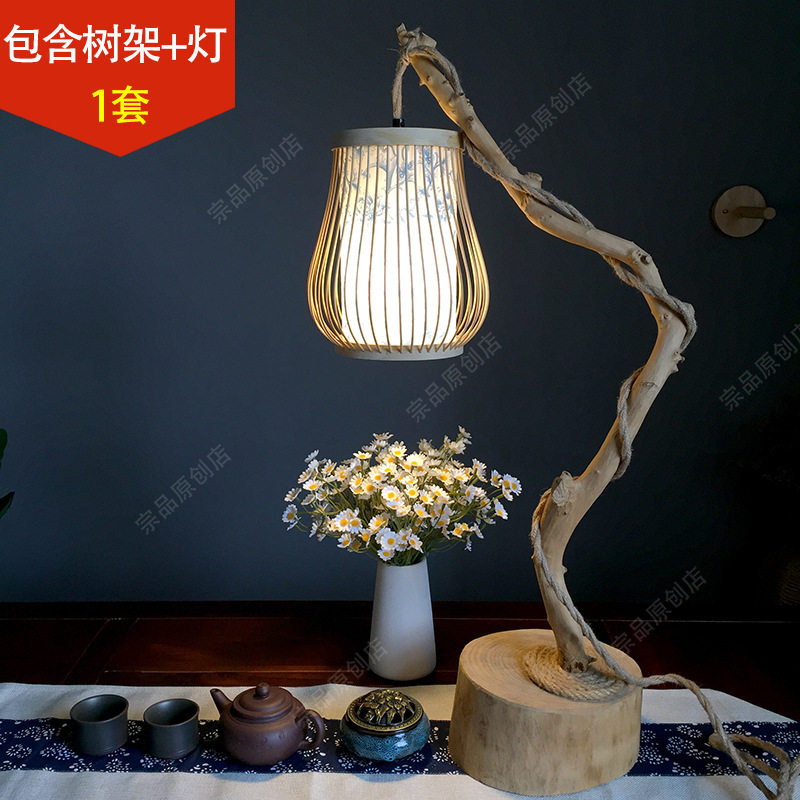 树枝根雕台灯复古禅意茶桌灯民宿客栈装饰灯手工竹编灯笼氛围灯