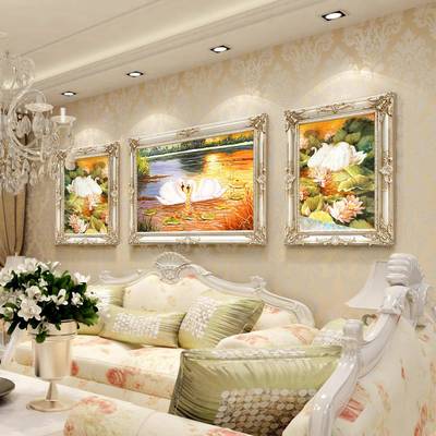 欧油画背客式沙发厅景装饰画三联组合风景天鹅湖MZZ-168简欧挂画