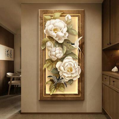 花贵开富新中式玄关装饰MY-05260画入户门荷花挂头廊画竖版过道走