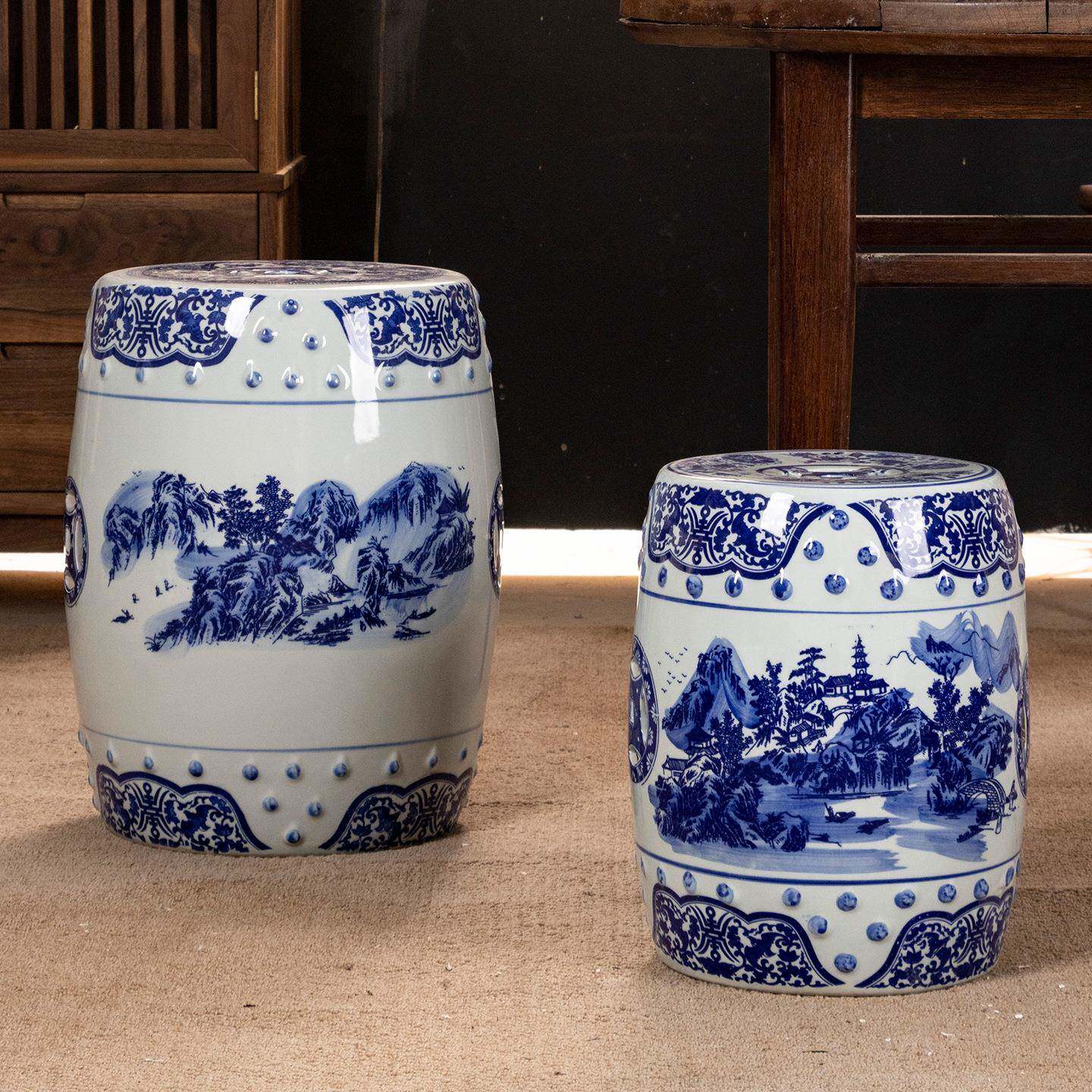 雨70005墩彤居青花瓷缠莲山水陶家瓷枝鼓凳新中式茶室凳鼓坐墩矮