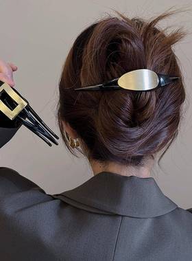 高级感几何金属拉丝黑色鸭嘴夹大号气质后脑勺盘发多抓夹发卡头饰