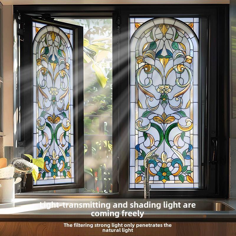 欧式自粘窗纸覆古美贴彩WYX色玻璃纸浴花室贴膜窗户贴纸透光不式