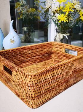 越南藤编收纳筐日式in桌面提s手物编织篮提子零食杂长方无形手箱