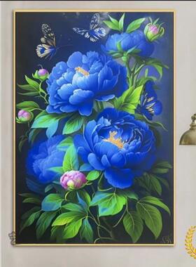 ?蓝色牡丹十字金绣202新款线绣客厅唯3梦幻蝴蝶牡Fh(h(b*x丹花卉