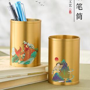 筒高档纯黄铜笔轻奢级感金桌属笔筒高摆件办公703室面收纳盒中国