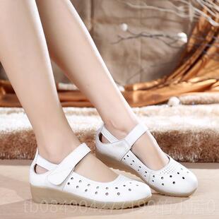 高档春夏女护士鞋白色皮坡跟底头底鞋底妈妈鞋平真底鞋裁剪平底鞋
