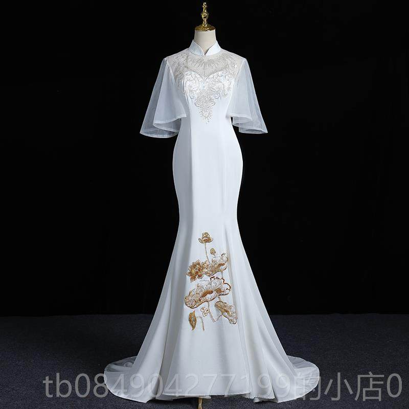 高档中式雅白典尾尾晚礼长t台表演服装鱼修服身中袖年度派对礼服