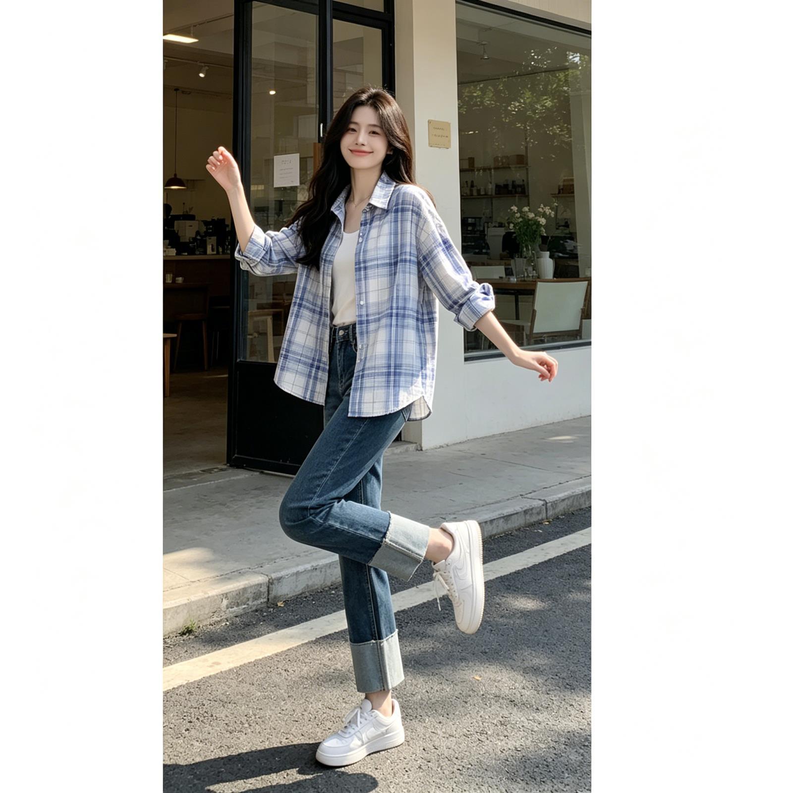 格子长袖衬衫春秋女装上