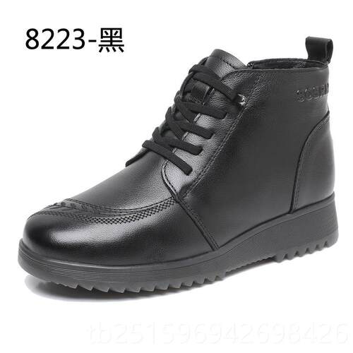 高档冬真皮妈妈鞋棉鞋中老年加短靴保暖老人皮鞋女软底季舒适防滑