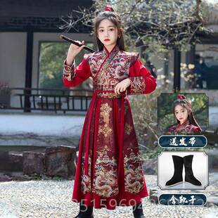 高档侠出女童红色汉服木兰服装儿童女侠中国风cos仙古装花演剑客